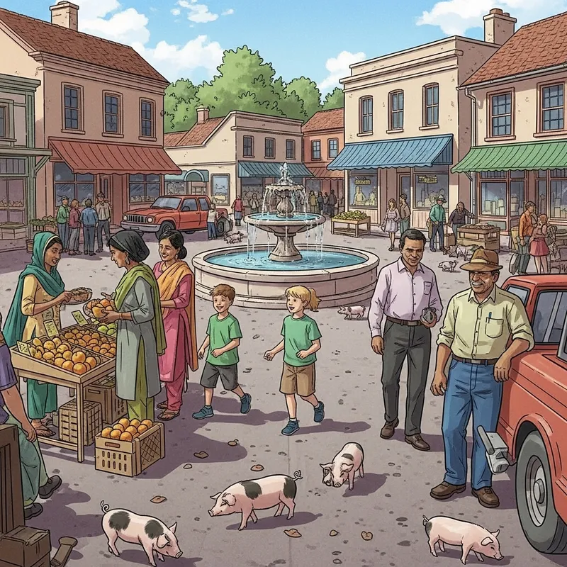 Bustling Small Town Center with Diverse People and Playful Piglets