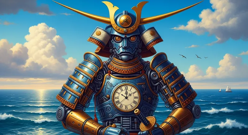 Clockwork Samurai Painting with Colorful Cyber Features
