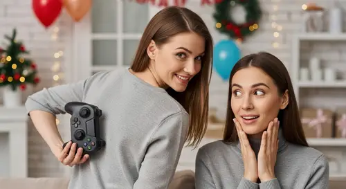 Surprise PS5 Gift: Sneaky White Woman with Controller - Festive Scene