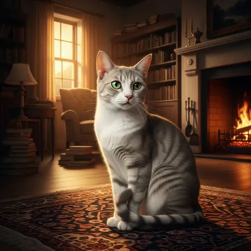 Exotic Light Ash Grey Domestic Cat on Oriental Rug