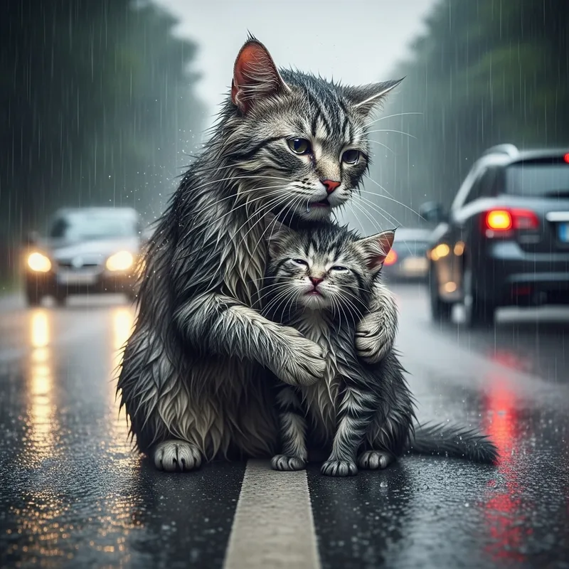 Touching Scene: Gray Cat Comforts Wet Kitten in Rain | Hyperrealism Touching Scene: Gray Cat Comforts Wet Kitten in Rain | Hyperrealism