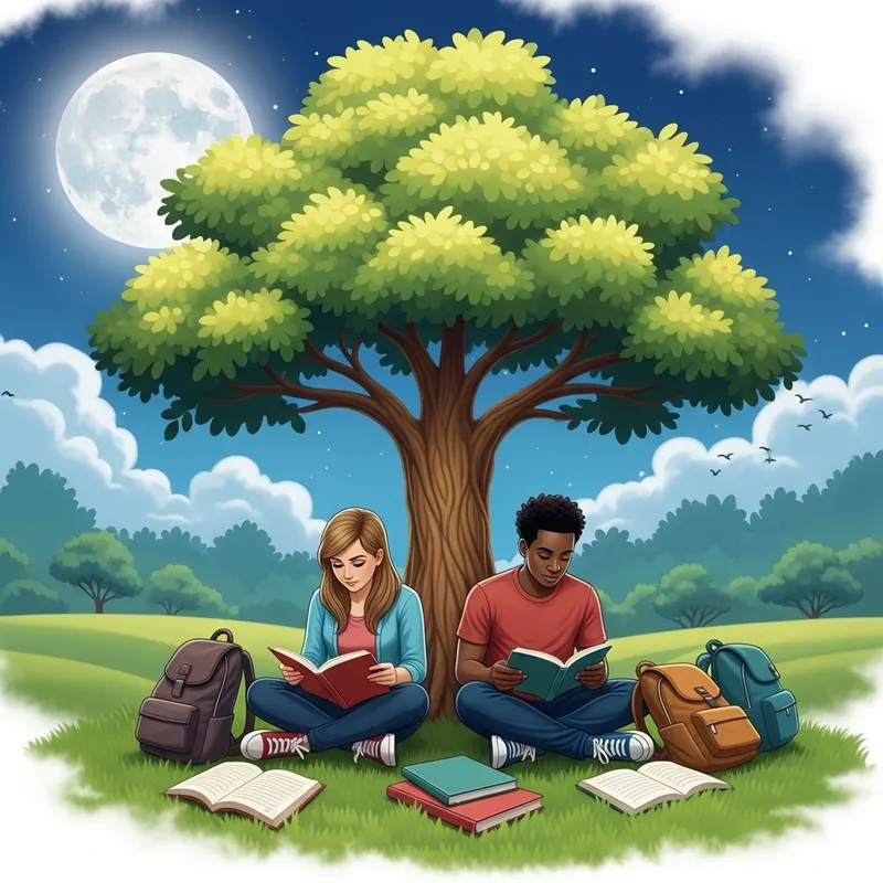 Tranquil Student Study Scene Under the Enchanting Moon