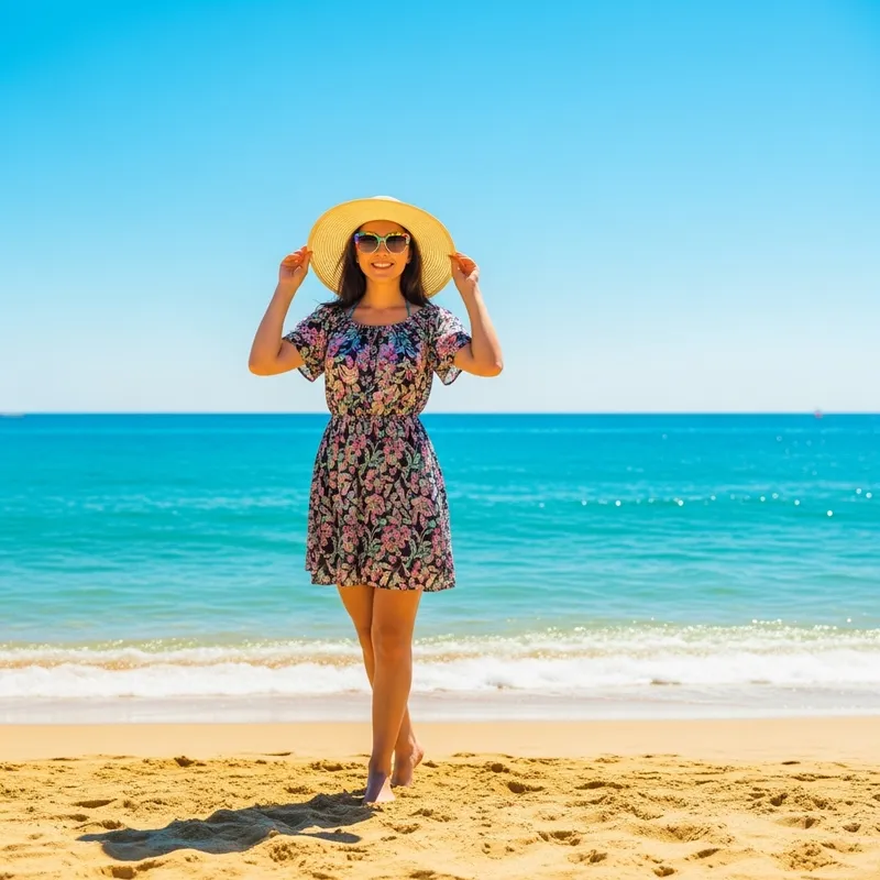 Stylish American Beach Scene | Floral Dress & Sun-Hat Fashion