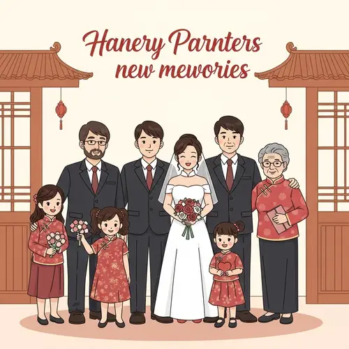 Traditional Chinese-Style Family Celebrating Parenthood on Wedding Occasion