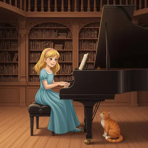 Seven-Year-Old Princess Playing Grand Piano with Orange Cat in Baroque-Inspired Fantasy Library