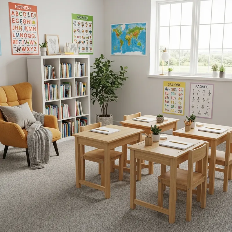 Vibrant Classroom Design with Collaborative Desks & Reading Corner Vibrant Classroom Design with Collaborative Desks & Reading Corner