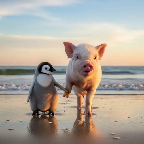 Small Pig Holding Hands with Little Penguin