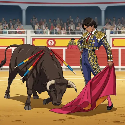 Female Matador Engages Gracefully in Bullfighting Arena
