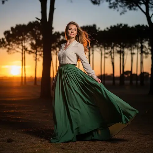 Elegant Caucasian Woman in Sophisticated Attire at Dusk