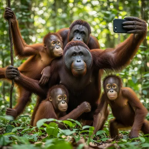 Adorable Group of Orangutans Taking a Selfie