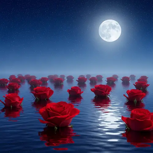 Vibrant Red Roses Floating on Moonlit Water | Stunning 8K Image