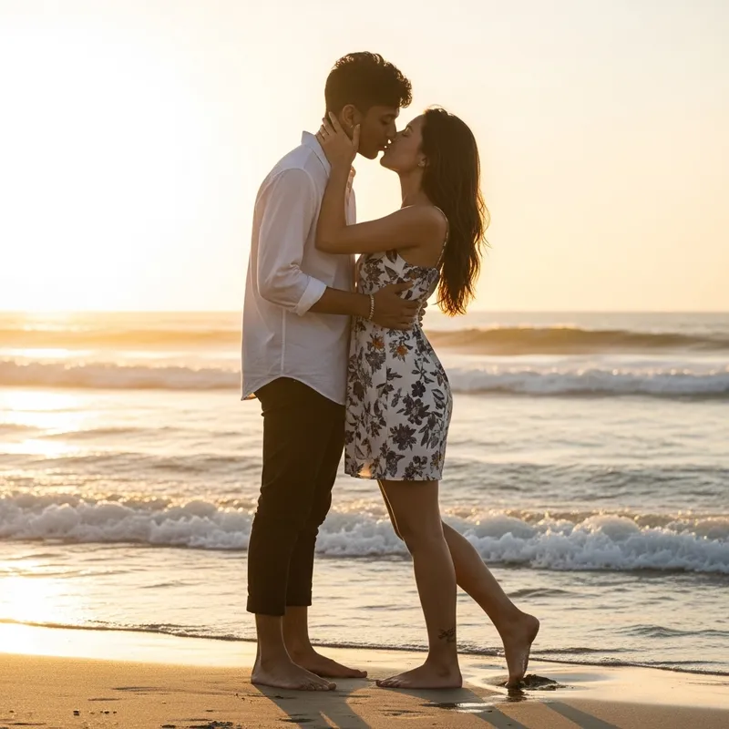 Young South Asian Musician Kissing Female on Tropical Beach Young South Asian Musician Kissing Female on Tropical Beach
