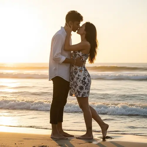 Realistic Short-Haired South Asian Male Musician Kissing Female on Beach