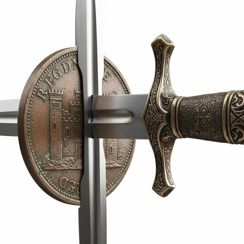 Ancient Engraved Copper Coin Pierced by Gleaming Sword