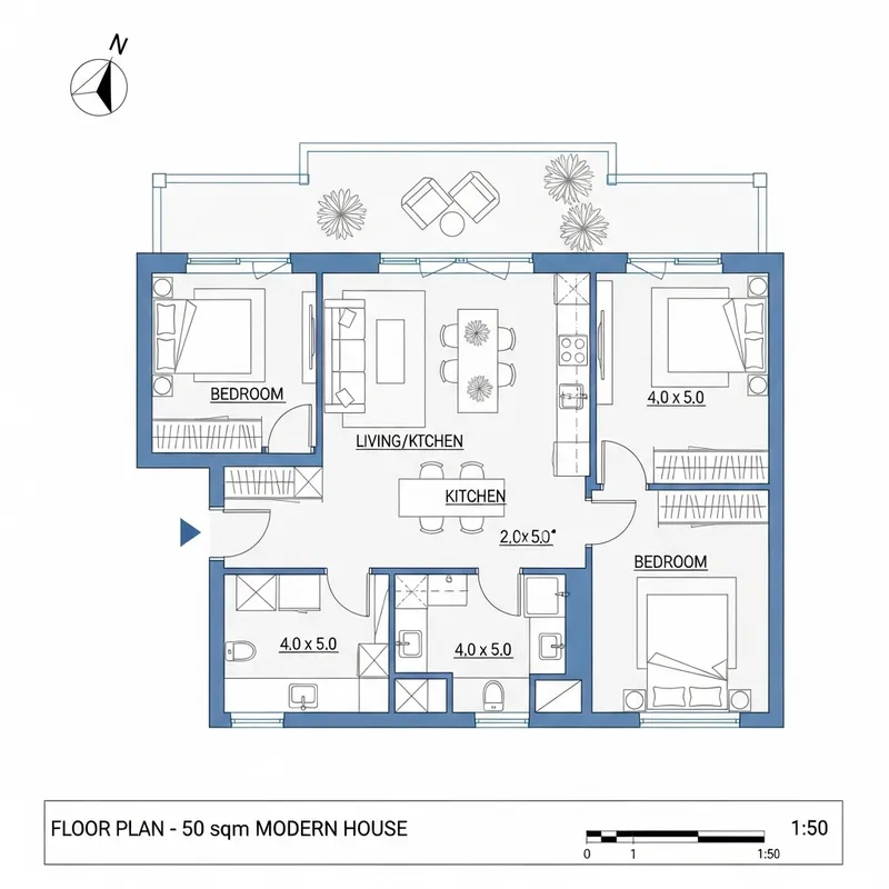 Spacious and Modern 50m2 House Design with Large Living Room
