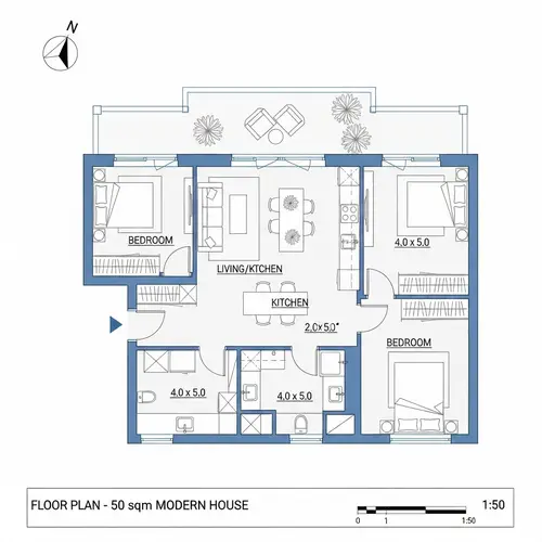 Modern and Spacious 50m2 House Design with 2 Bedrooms