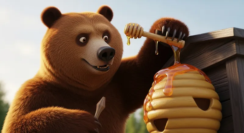 Mischievous Brown Bear Swiping Honey | Vivid Cell Shading Art