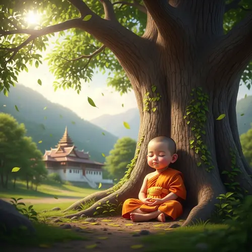 Peaceful Meditation of Young Buddhist Monk in Nature