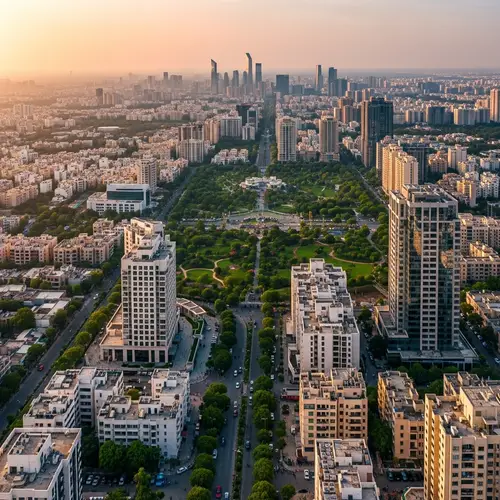 Vibrant Gurgaon Cityscape at Sunset | Urbanization & Nature Harmony