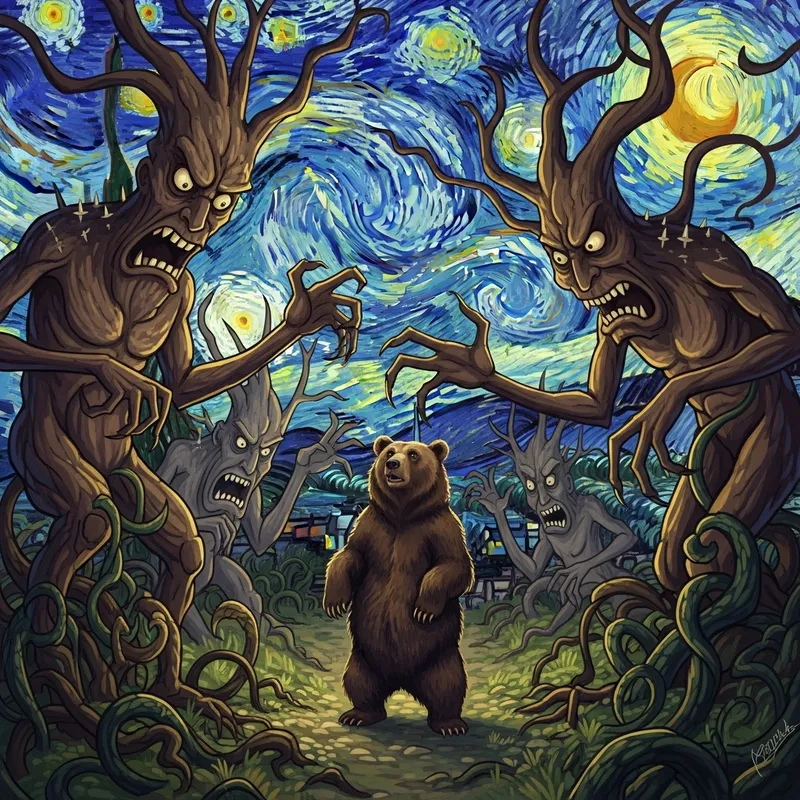 Whimsical Forest Scene with Bear & Scary Tree Monsters - A Fairy-Tale Fantasy Whimsical Forest Scene with Bear & Scary Tree Monsters - A Fairy-Tale Fantasy