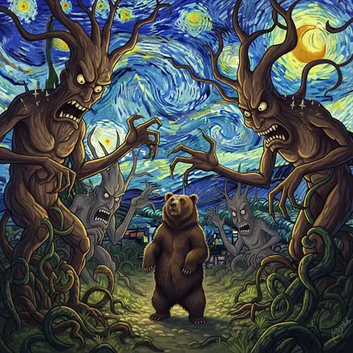 Whimsical Forest Scene with Fairy-Tale Bear & Scary Tree Monsters