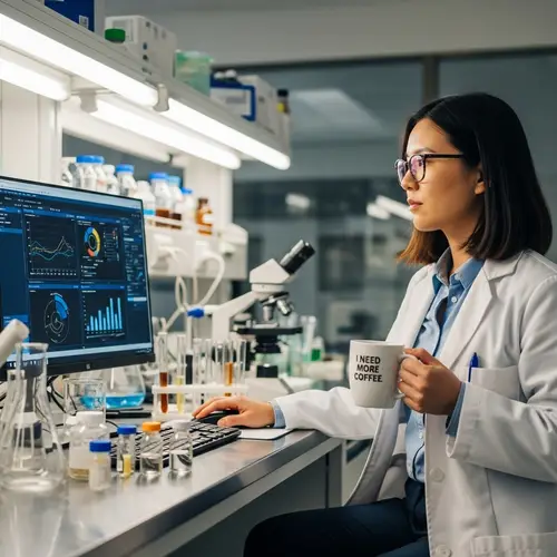 Asian Woman in Lab Coat Analyzing Data | Scientific Laboratory