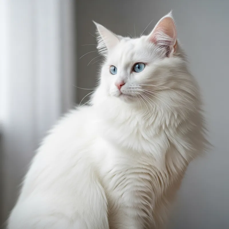 Fluffy White Angora Cat with Blue Eyes