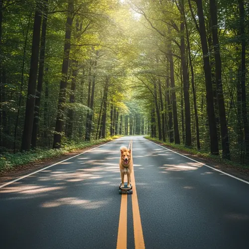 Dog Skateboarding on Highway Surrounded by Forest