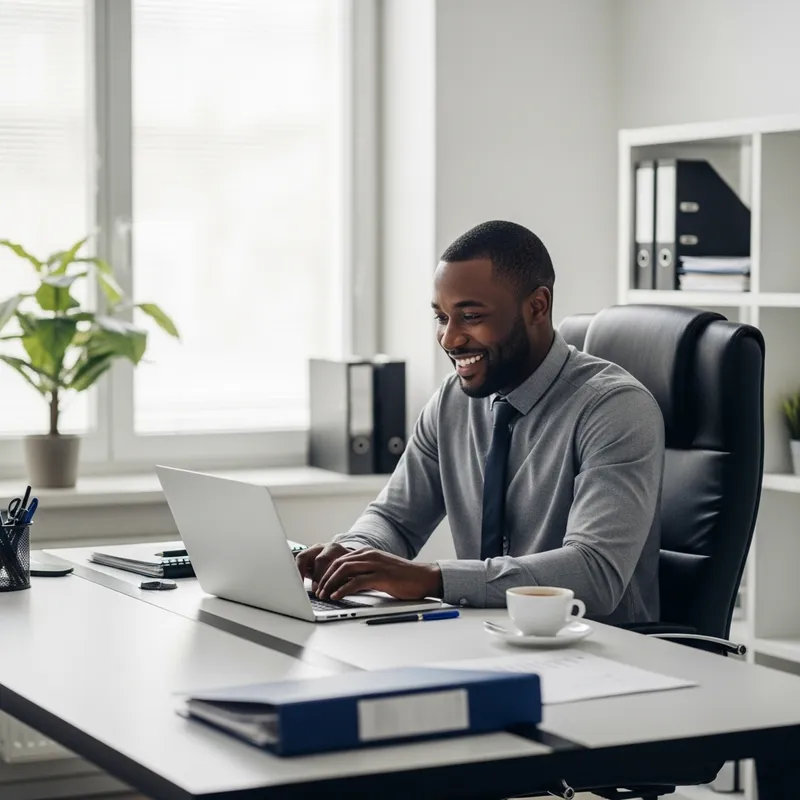 Joyful Afro-American Manager Working in Modern Office