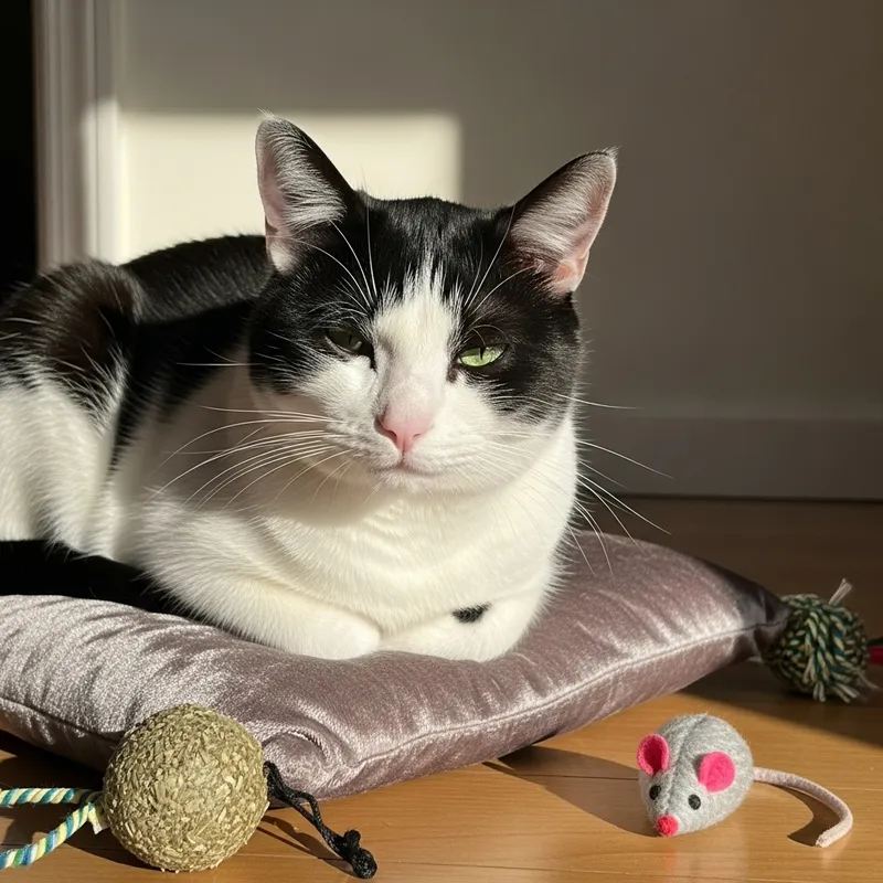 Cute Black and White Cat on Plush Cushion Cute Black and White Cat on Plush Cushion