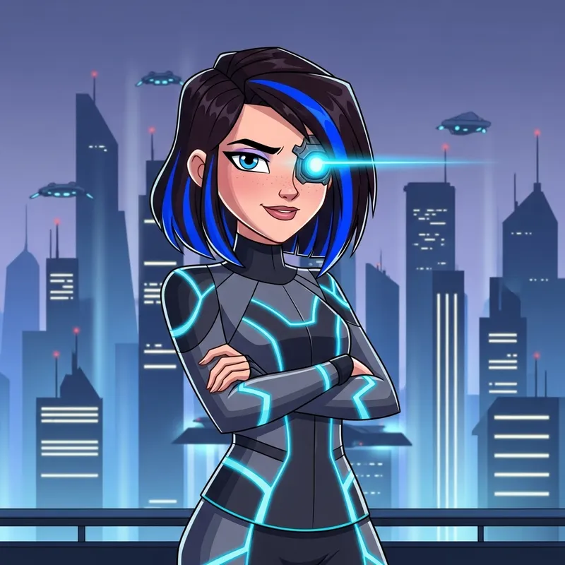 Futuristic Girl with Dark Brown Hair, Blue Streaks & Bionic Eye