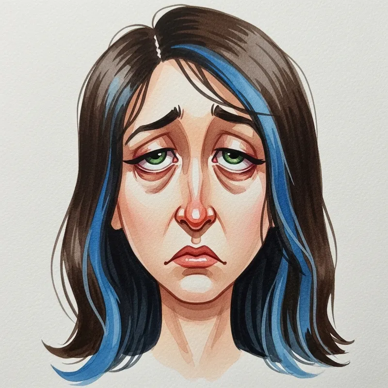 Realistic Tired Brunette Woman with Blue Highlights Watercolor Clipart