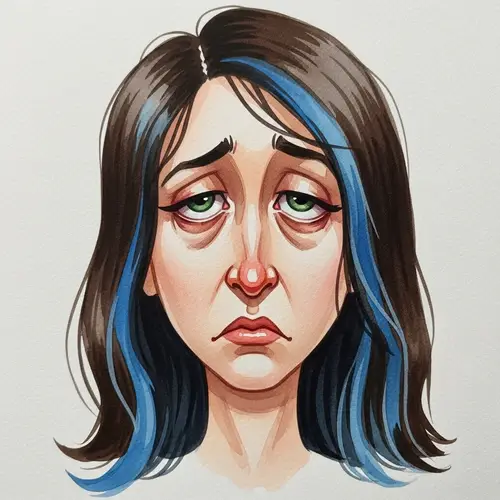 Watercolor Style Clipart of Tired Brunette Woman with Blue Streaks