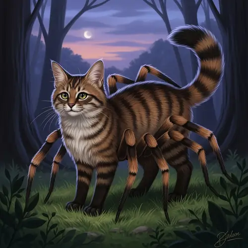 Cat Spider Hybrid - Fantastical Creature in Tranquil Twilight Forest