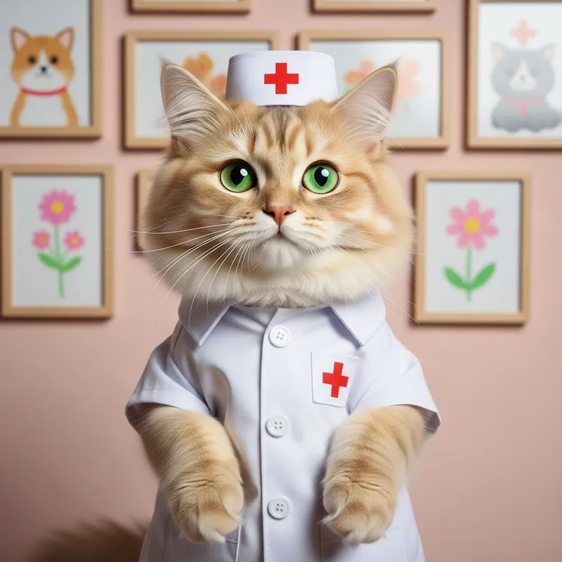 Fluffy Cat Nurse in White Uniform - Adorable Feline in Pretend Play