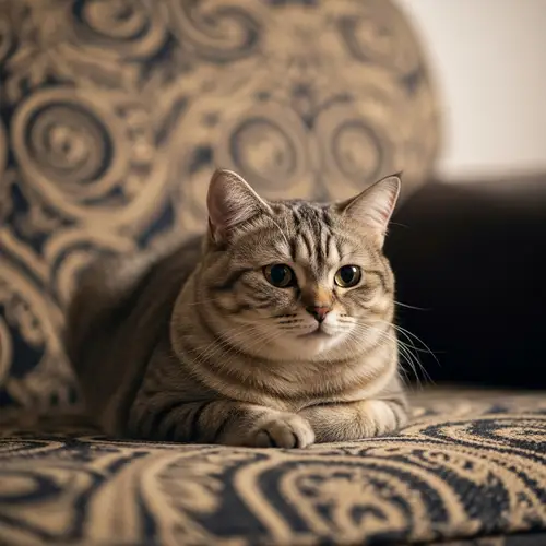 Tiny Fat Cat Resting on Sofa | Tranquil Feline Scene