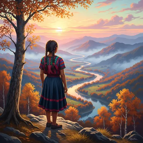 Hispanic Girl in Majestic Mountain Landscape - Impressionist Painting