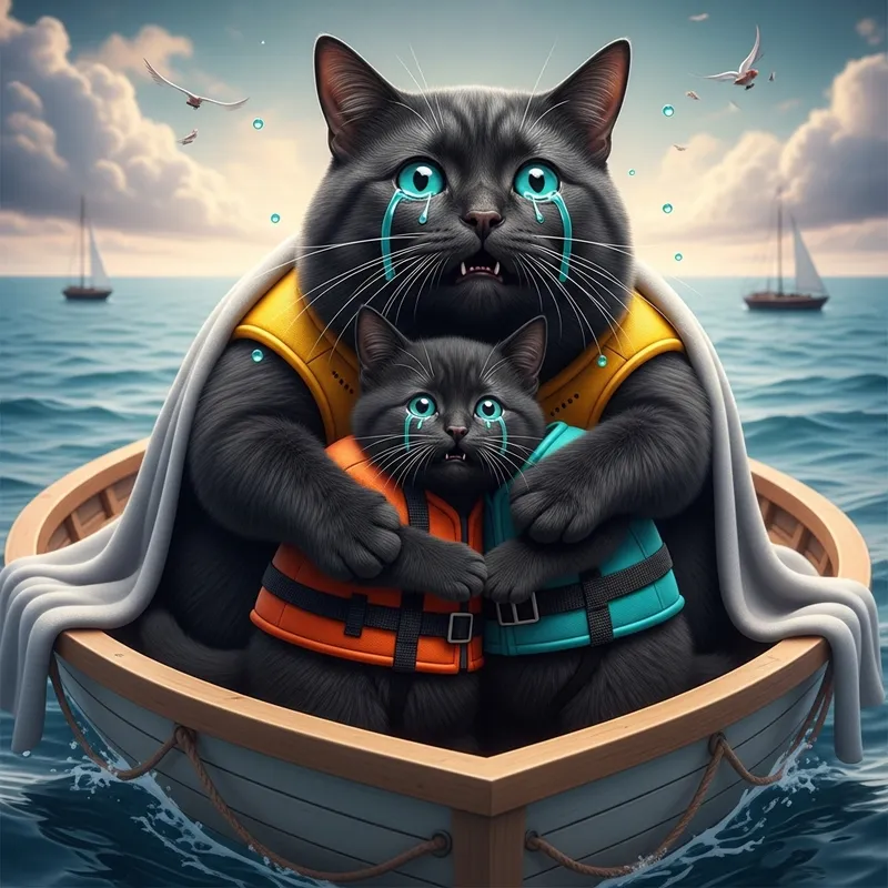 Black Cat and Kitten in Ocean Rescue: Emotional Realism