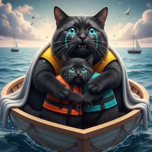 Black Cat and Kitten on Lifeboat: Realistic and Detailed Illustration