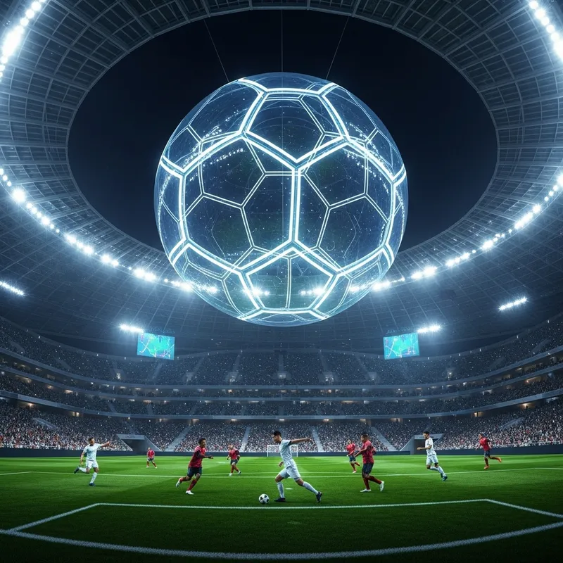 Dynamic Night Game at Futuristic Soccer Stadium with LED-lit 50ft Glass Soccer Ball