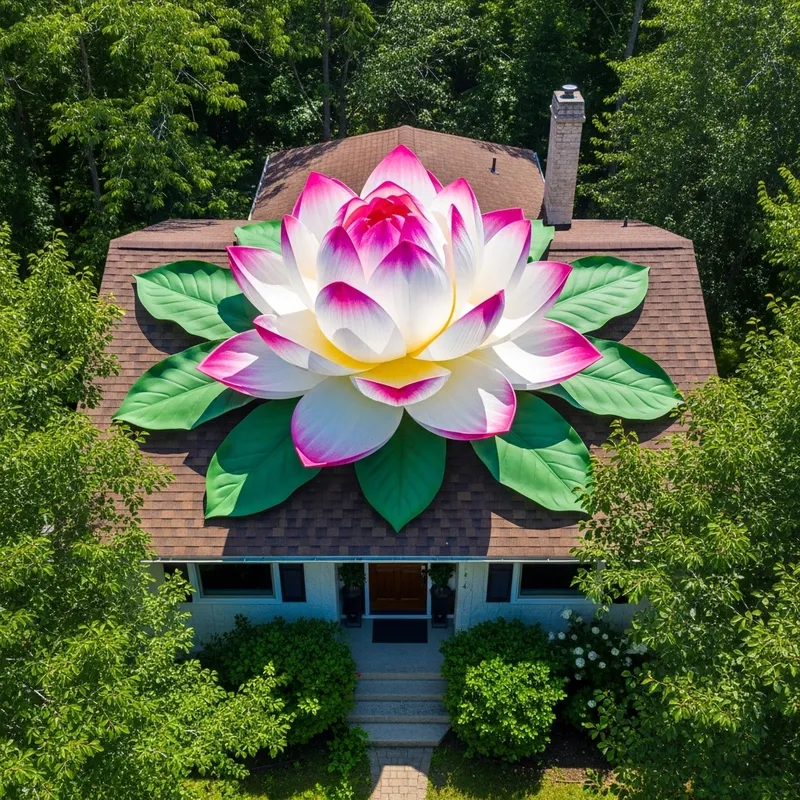 Serene Scene with Lotus Flower on House Roof
