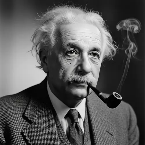 Notable Theoretical Physicist with White Hair Posing with Pipe