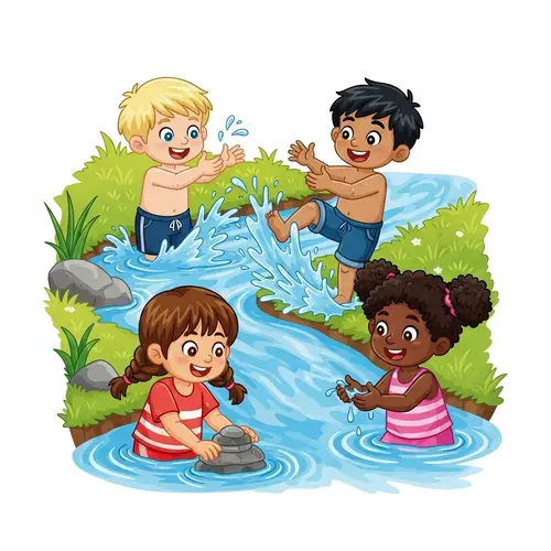 Joyful Cartoon Children Playing in a Gentle Stream