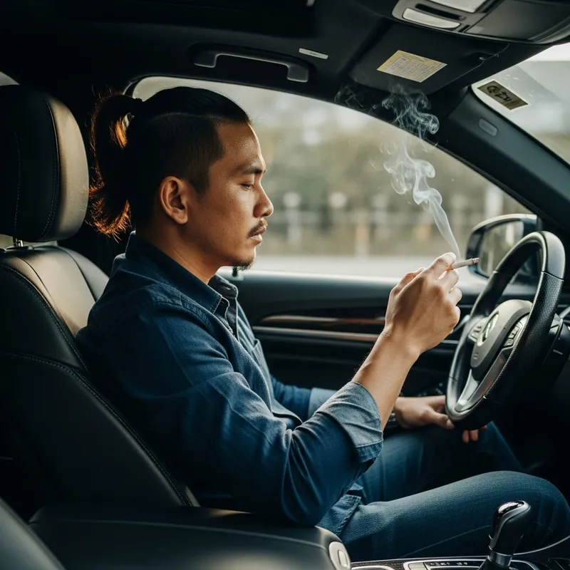 Filipino Man with Ponytail Smoking in Car - Stylish Scene Filipino Man with Ponytail Smoking in Car - Stylish Scene