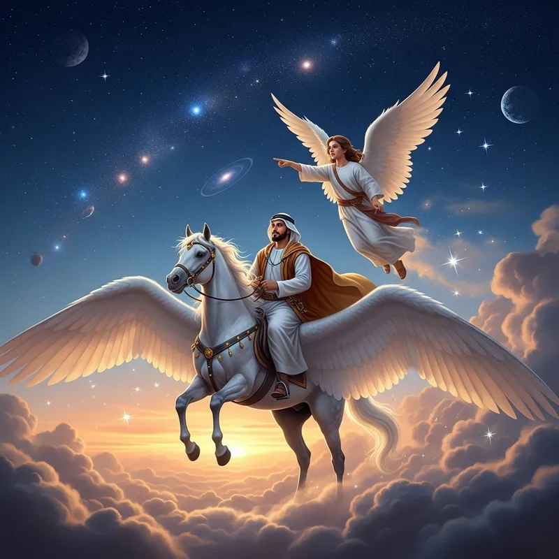 Arabian Man on Majestic Winged Horse Ascending to Celestial Realm with Angel