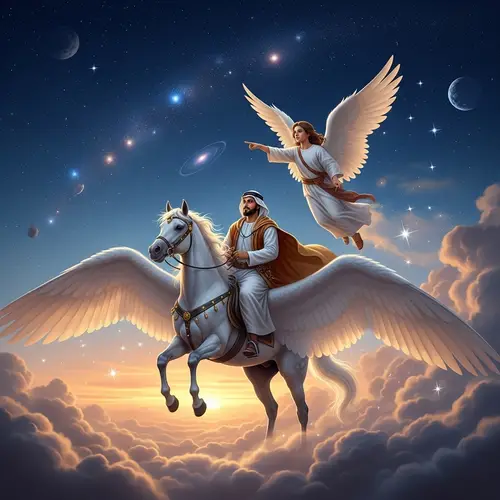 Arab Man on Winged Horse Ascending to Sky with Angel