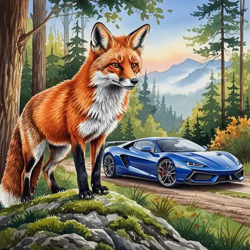 Reddish-Brown Fox and Vivid Sports Car: Untamed Elegance