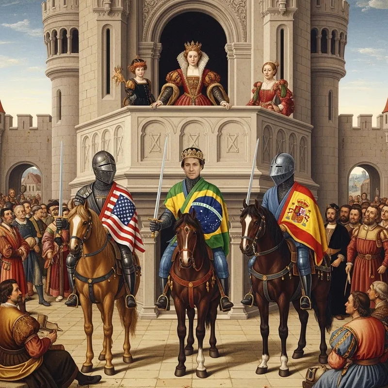 Queen on Castle Balcony with Diverse Knights and Audience