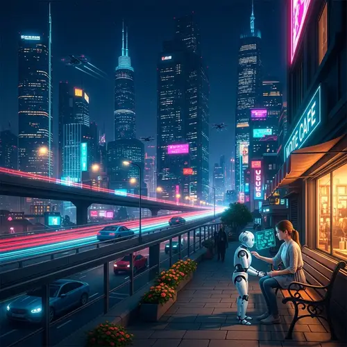 Futuristic Cityscape Night Scene | Tranquil Oasis Amidst Urban Thrive