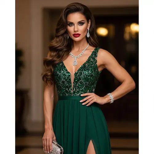Elegant Woman in Vibrant Gown | Diamond Jewelry & Makeup